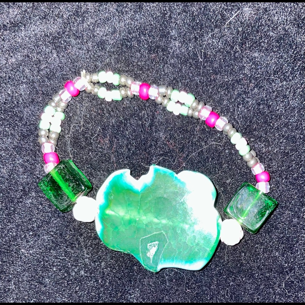 3/35 or $25 Hand Beaded Malachite & Glass Statement Bracelet